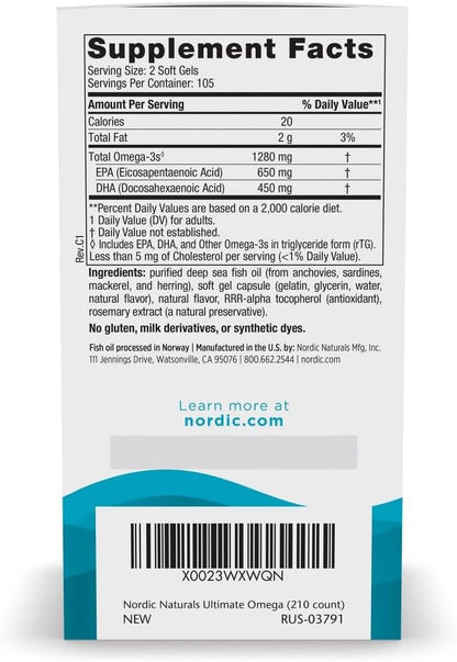Ultimate Omega 1280mg Omega-3 Fish Oil, Lemon - 210 Count